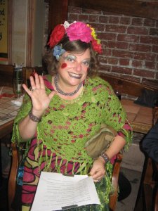 Dressed as a "Joy Clown" MC-ing a show in Berkeley